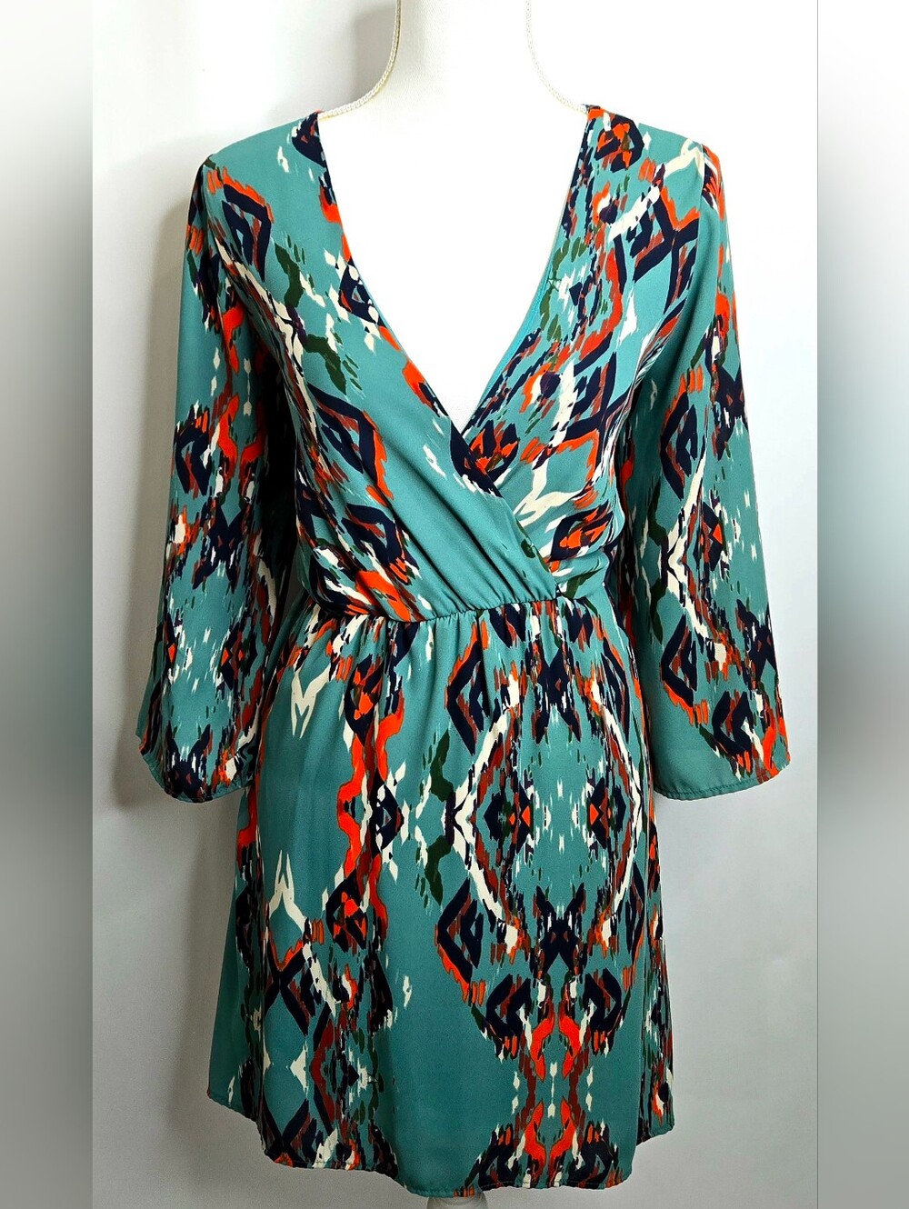 Anthropologie Everly Teal Ikat Print High Low Surplice Bell Sleeve Dress NWOT M